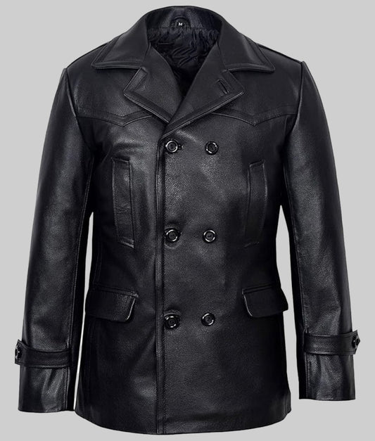 Danny Men’s Black Double-Breasted Leather Peacoat