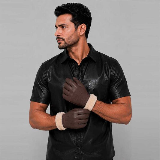 Dark Brown Leather Glove with Faux Fur Lining