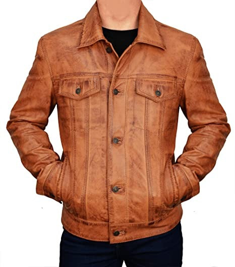 Distressed Brown Trucker Leather Jacket - Vintage Classic