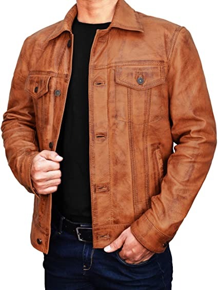 Distressed Brown Trucker Leather Jacket - Vintage Classic