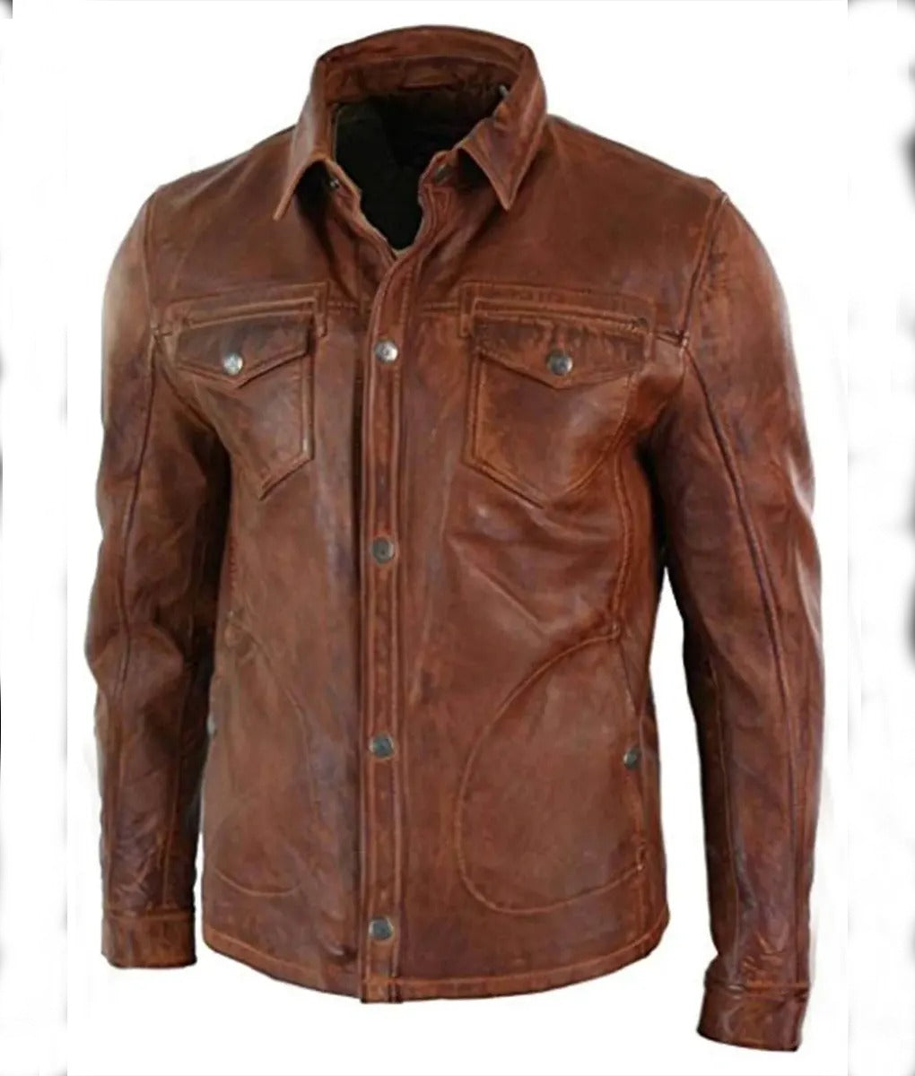 Dominic Men’s Brown Vintage Western Waxed Leather Trucker Jacket - Timeless Style