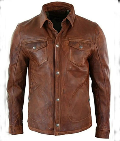 Dominic Men’s Brown Vintage Waxed Leather Western Trucker Jacket