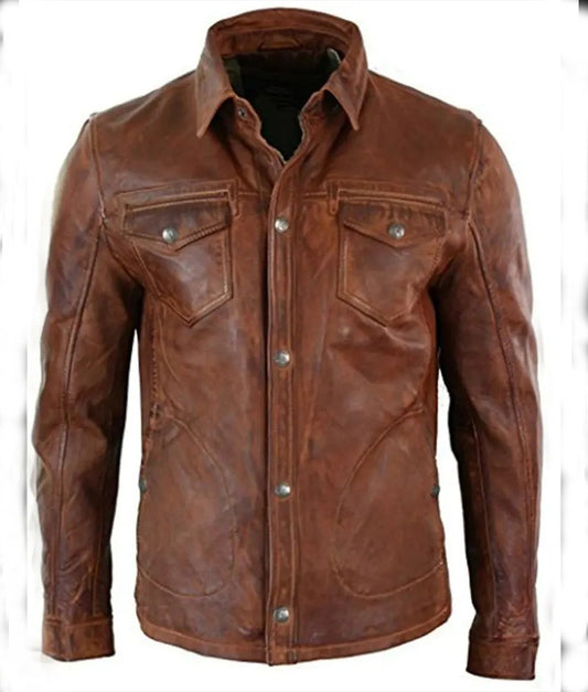 Dominic Men’s Brown Vintage Waxed Leather Western Trucker Jacket