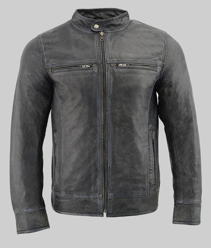 Dominic Men’s Gray Retro Heavy-Stitched Cafe Racer Leather Jacket
