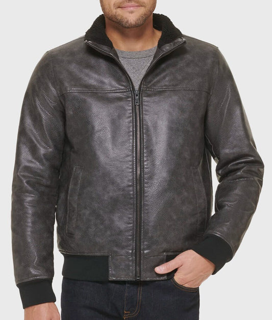 Donald Men’s Distressed Grey Leather Bomber Jacket