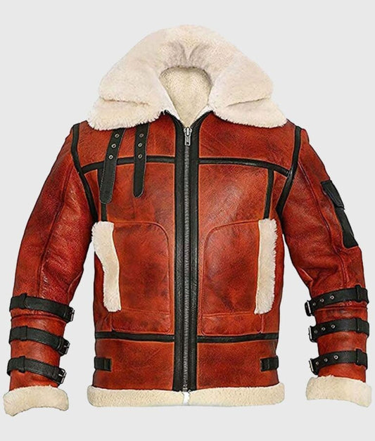 Men’s Double Collar Red B-3 Shearling Aviator Leather Jacket