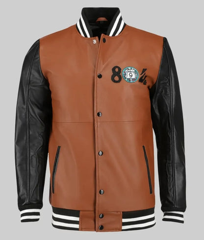 Edge Men’s 804 Two-Tone Brown & Black Leather Varsity Bomber Jacket
