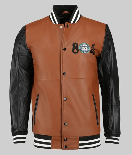 Edge Men’s 804 Two-Tone Brown & Black Leather Varsity Bomber Jacket