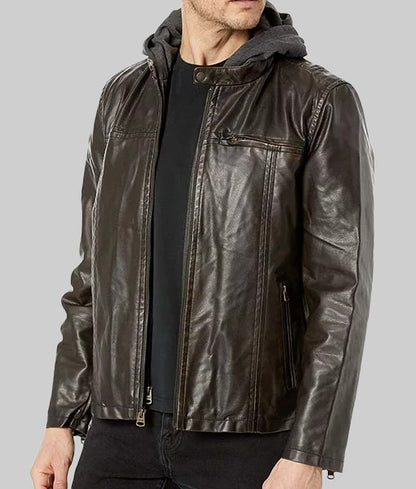 Edward Men’s Dark Brown Real Leather Jacket with Hood