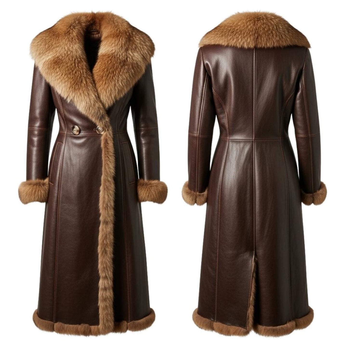 Elegant Leather Long Coat – Faux Fur Collar Winter Chic