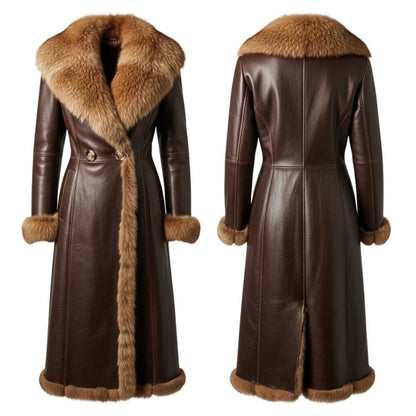 Elegant Leather Long Coat – Faux Fur Collar Winter Chic