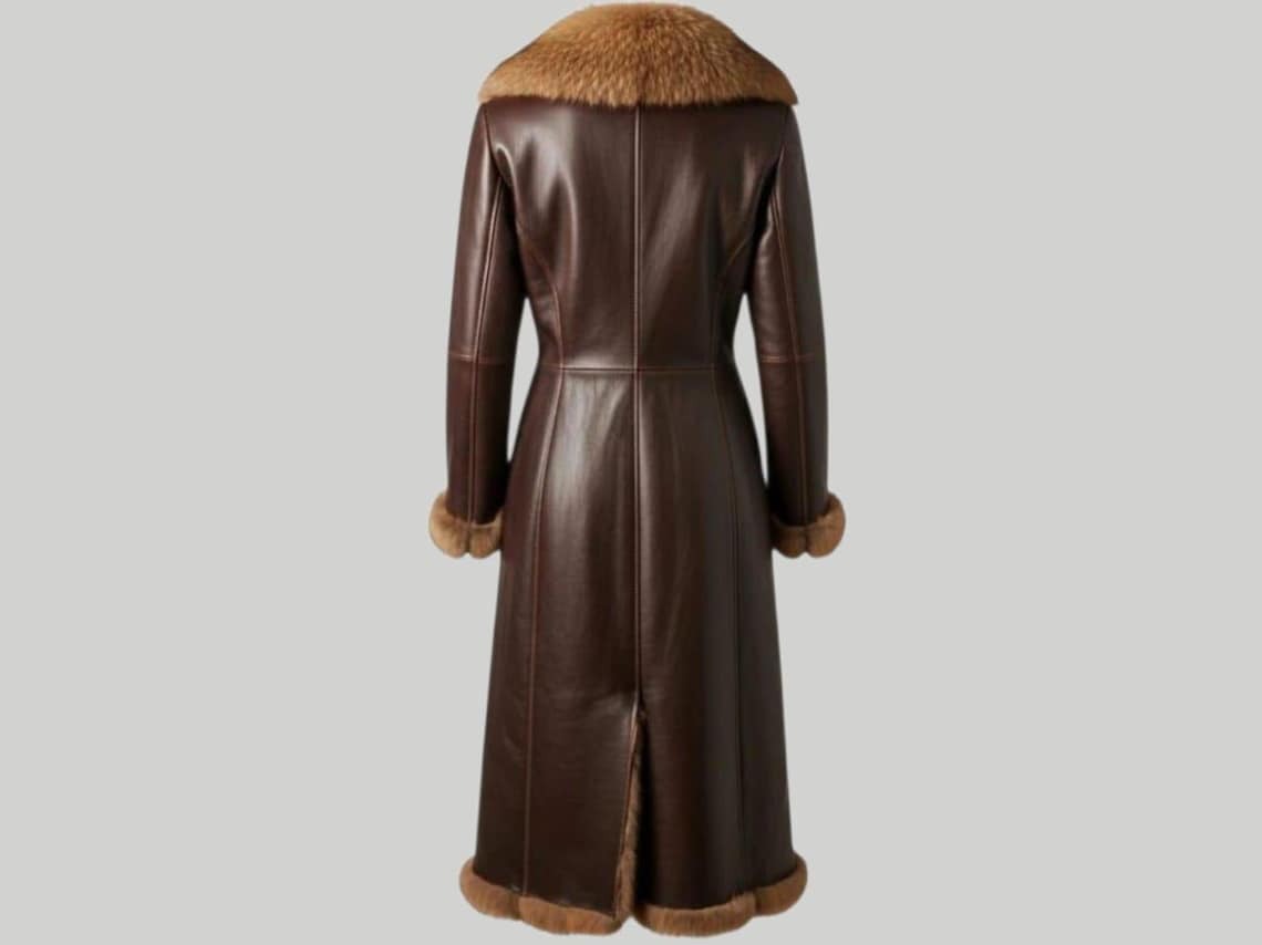Elegant Leather Long Coat – Faux Fur Collar Winter Chic
