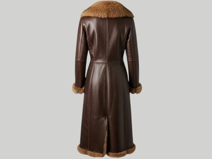 Elegant Leather Long Coat – Faux Fur Collar Winter Chic