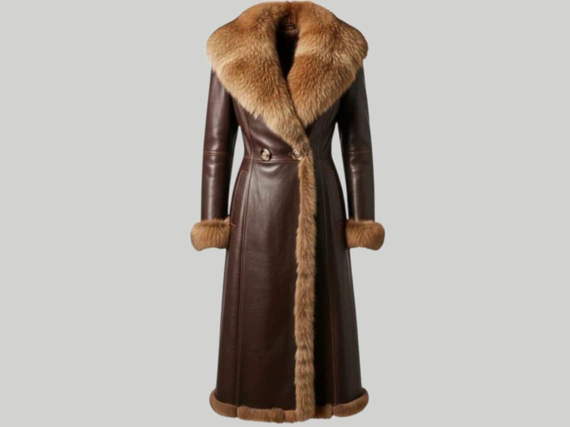 Elegant Leather Long Coat – Faux Fur Collar Winter Chic