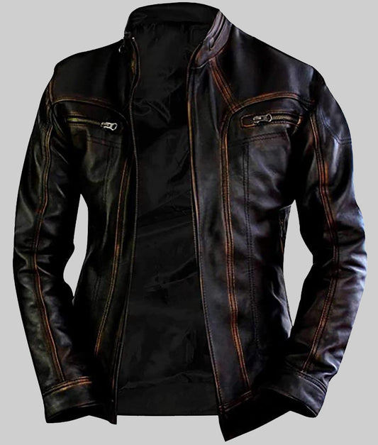 Elliot Men’s Brown Distressed Cafe Racer Leather Jacket