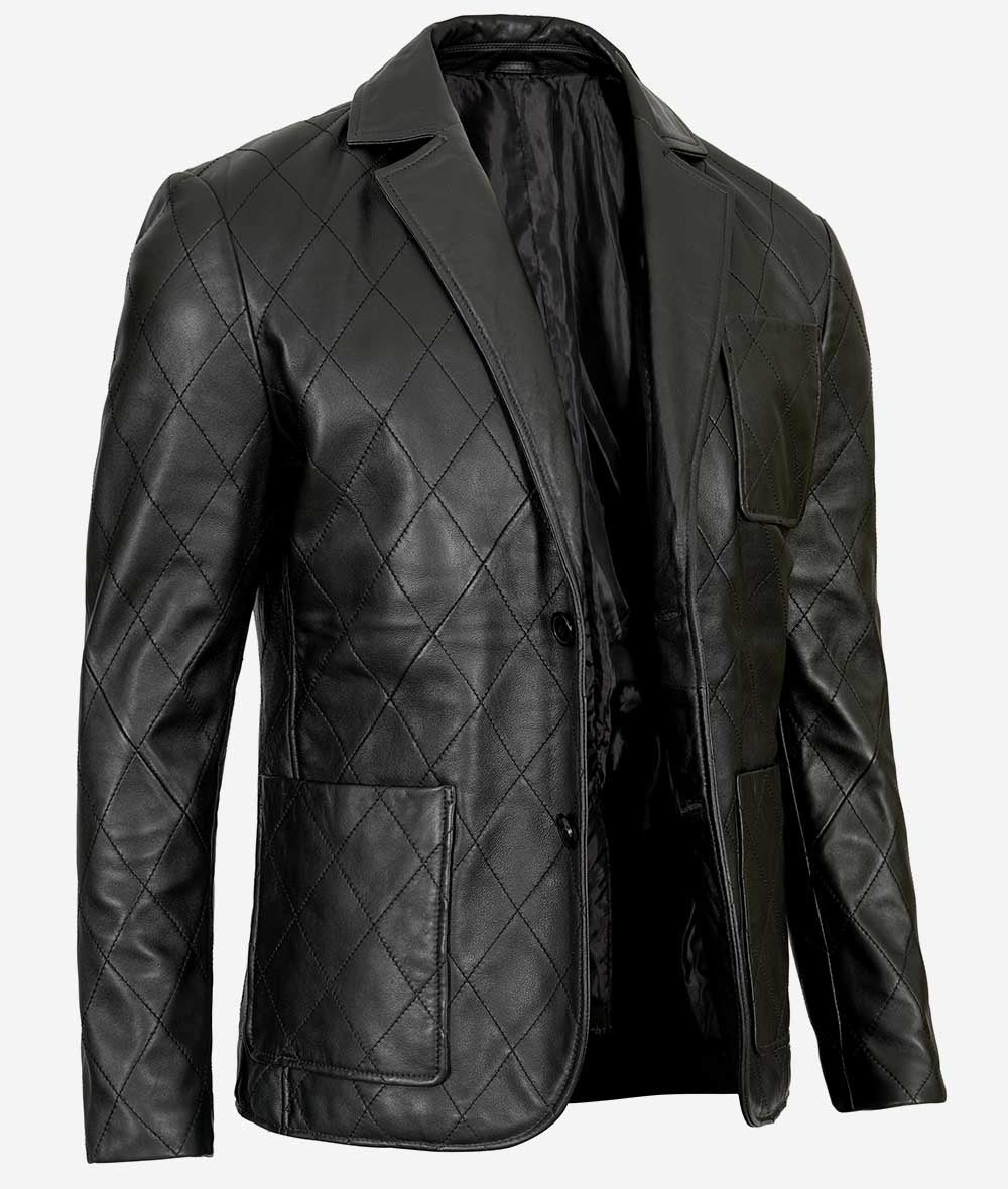 Elton Men's Premium Black Quilted Leather Blazer - Refined Elegance