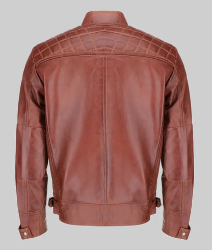 Sam Men’s Brown Quilted Cafe Racer Biker Leather Jacket