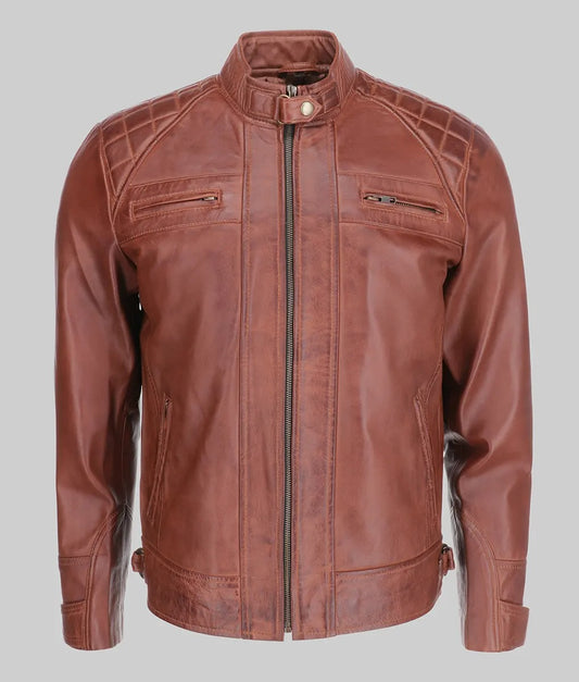 Sam Men’s Brown Quilted Cafe Racer Biker Leather Jacket