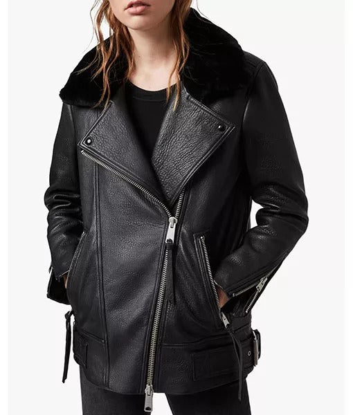 Fay Women’s Black Leather Jacket with Shearling Collar