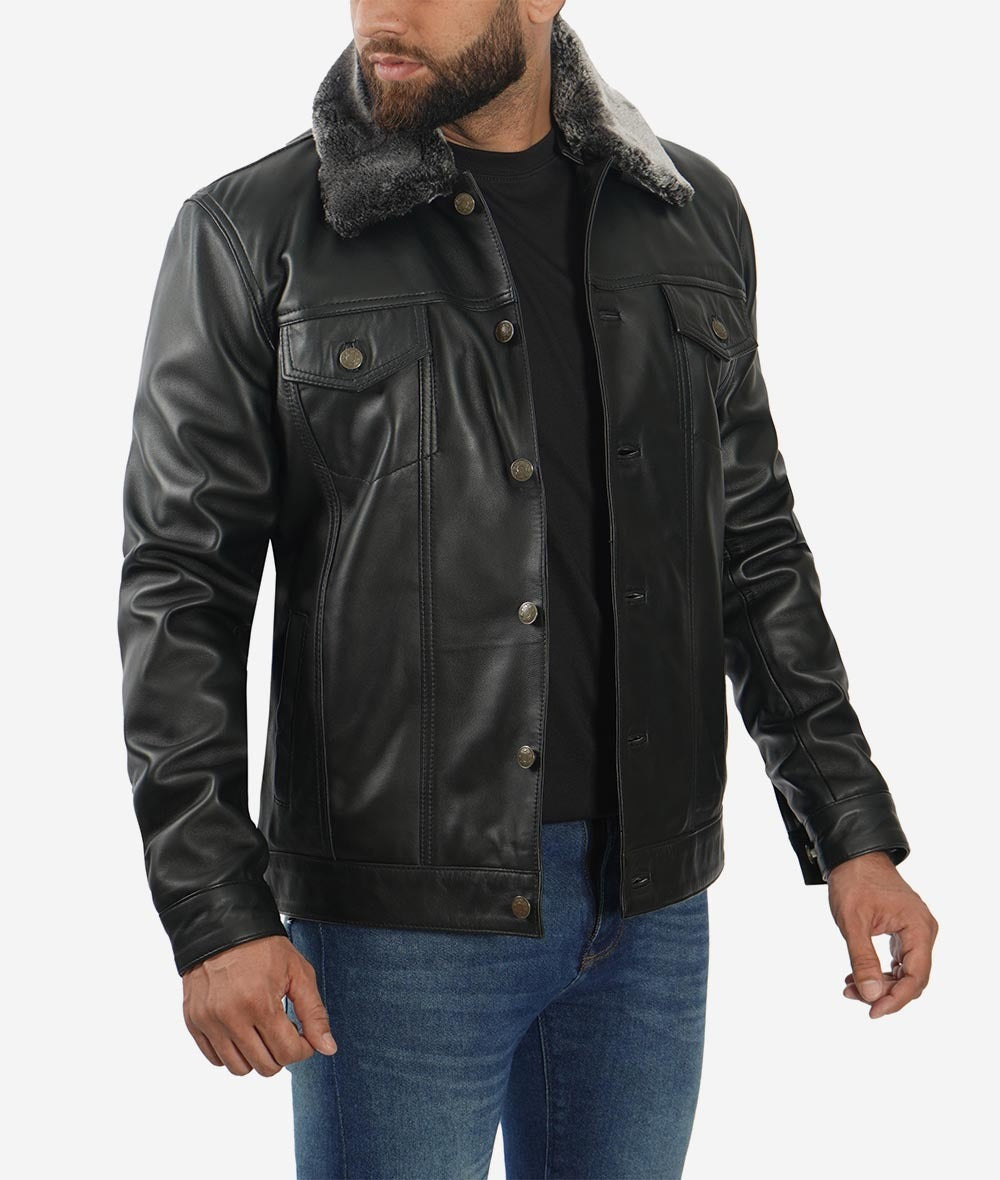 Fernando Black Shearling Collar Leather Trucker Jacket - Classic Elegance