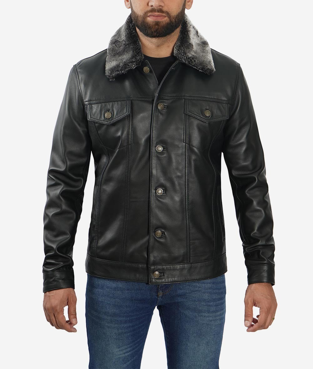 Fernando Black Shearling Collar Leather Trucker Jacket - Classic Elegance