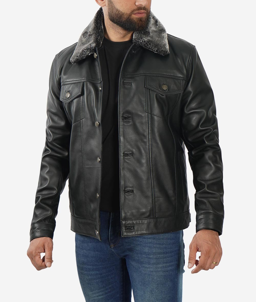 Fernando Black Shearling Collar Leather Trucker Jacket - Classic Elegance