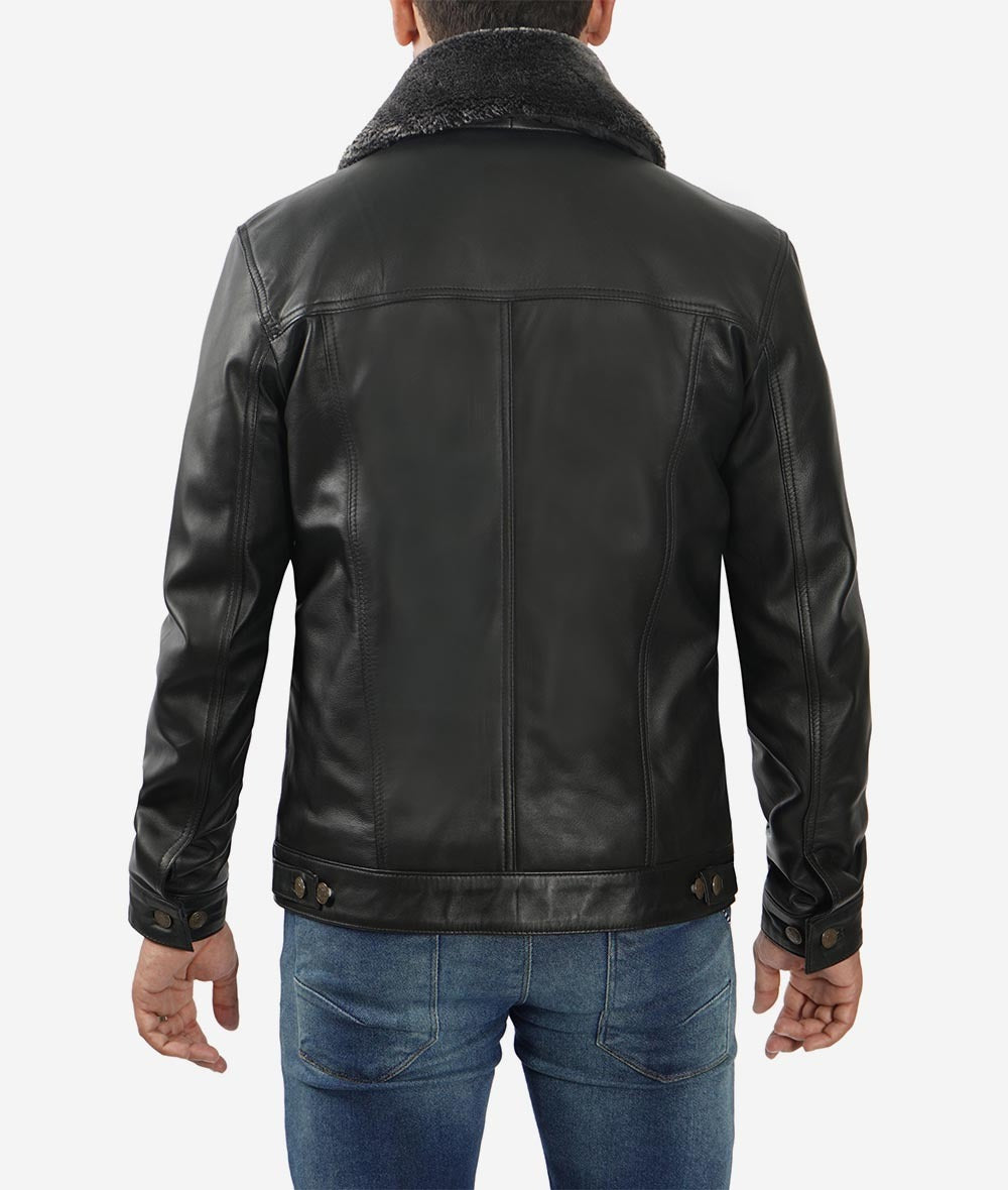 Fernando Black Shearling Collar Leather Trucker Jacket - Classic Elegance