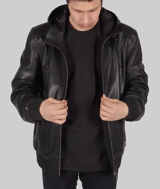 Finch Men’s Black Hooded Bomber Leather Jacket
