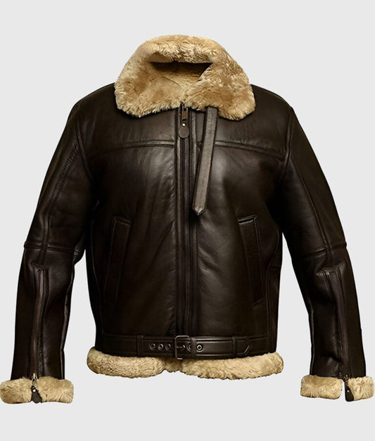 Jones Men’s Brown B-3 Shearling Bomber Leather Jacket