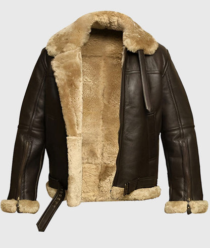 Jones Men’s Brown B-3 Shearling Bomber Leather Jacket