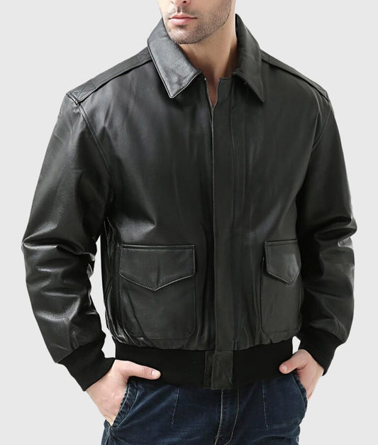 Men’s Black A-2 Flight Aviator Leather Bomber Jacket