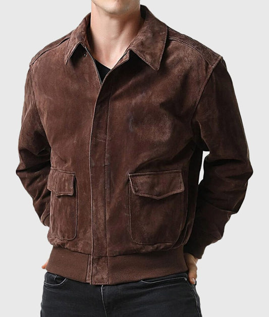 Men’s Suede Brown A-2 Flight Aviator Leather Bomber Jacket