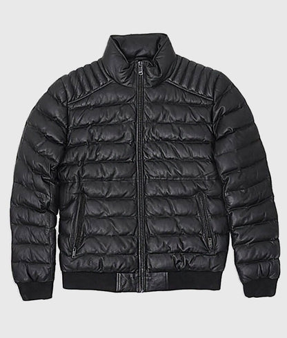 Craig Men’s Black Leather Puffer Jacket with Hood