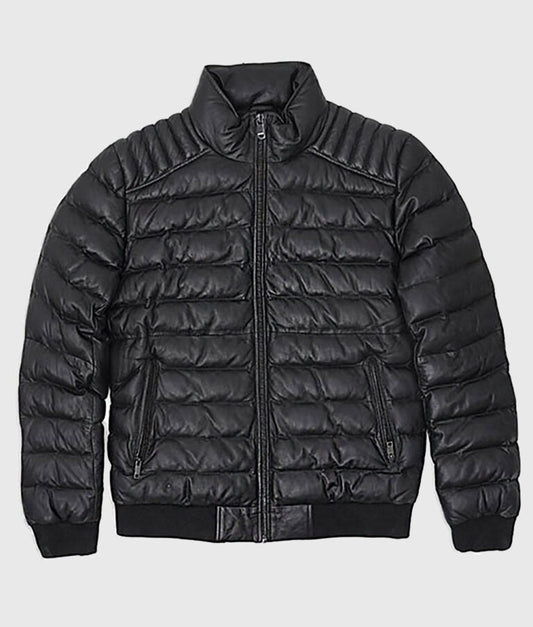 Craig Men’s Black Leather Puffer Jacket with Hood