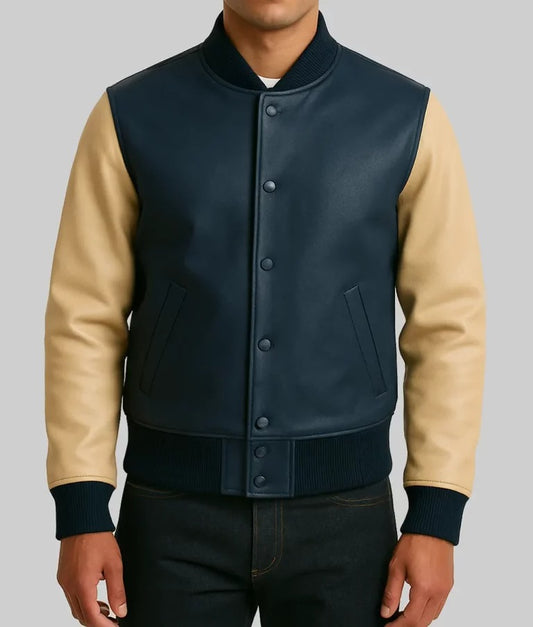 Flynn Chandler Men’s Blue and Beige Colorblock Leather Bomber Jacket