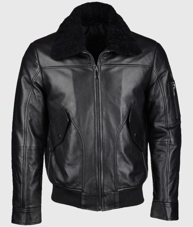 Francis Men’s Classic Black Leather Bomber Jacket