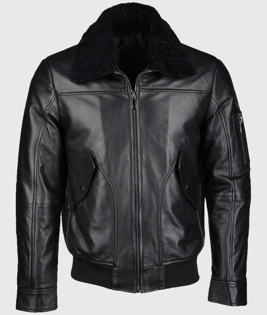 Francis Men’s Classic Black Leather Bomber Jacket