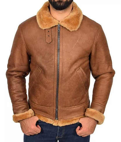 Francis Men’s Tan Brown B3 Shearling Leather Bomber Jacket