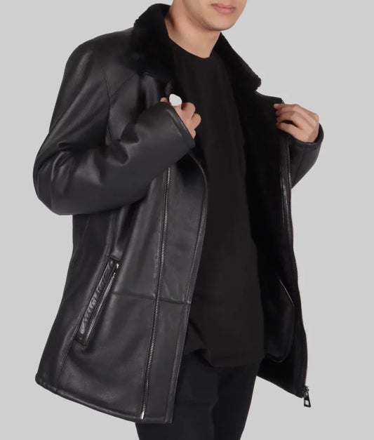 Frig Men's Black Aviator Bomber Leather Jacket