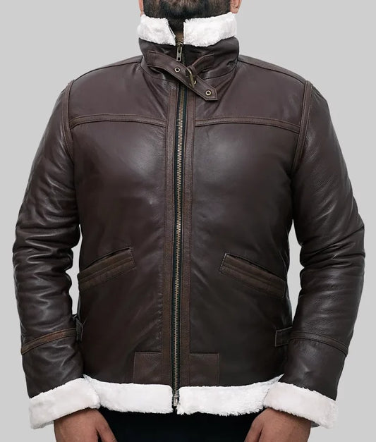 Garry Men’s Dark Brown Shearling B-3 Bomber Leather Jacket