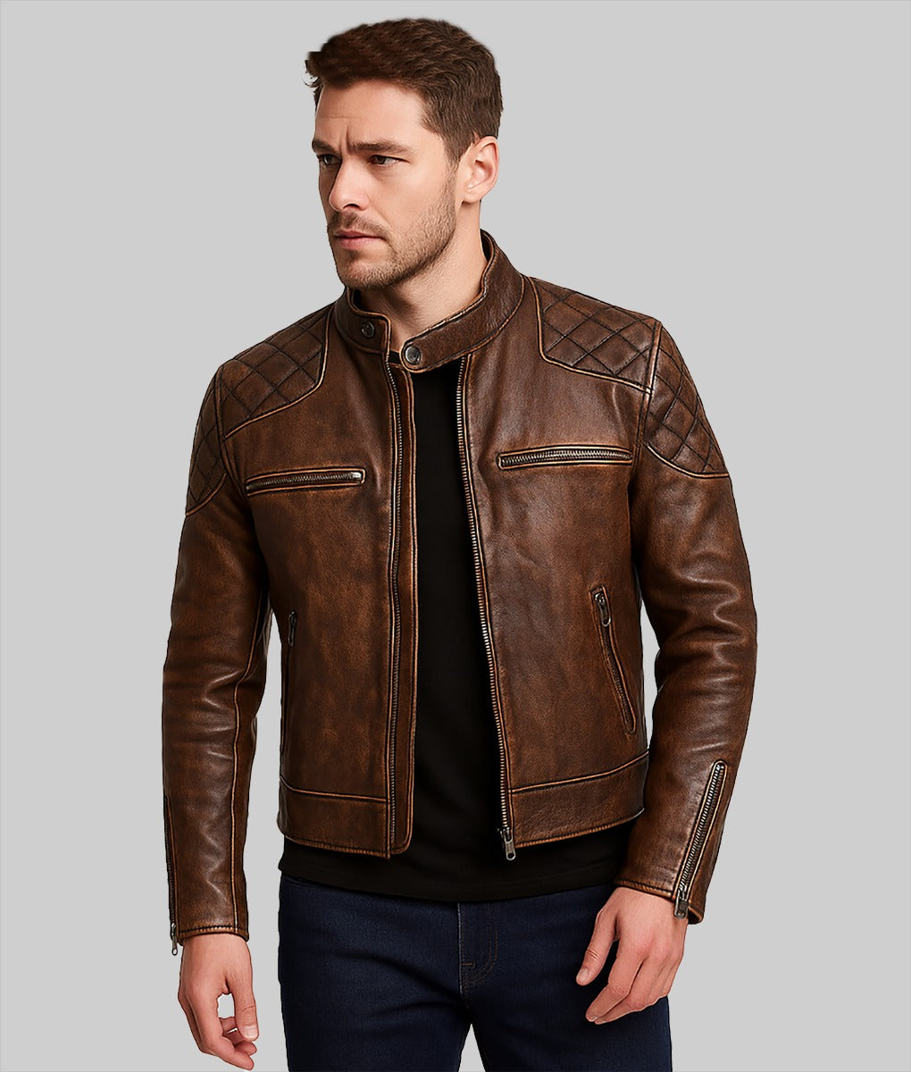 Gavin Men’s Brown Distressed Quilted Cafe Racer Leather Jacket