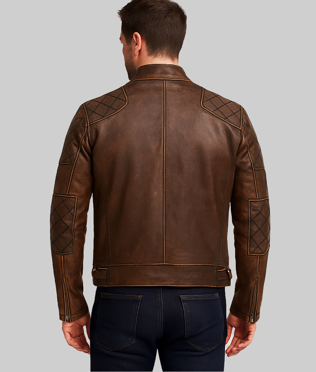 Gavin Men’s Brown Distressed Quilted Cafe Racer Leather Jacket