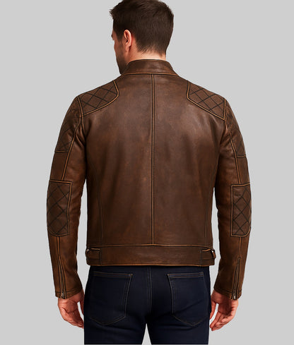 Gavin Men’s Brown Distressed Quilted Cafe Racer Leather Jacket