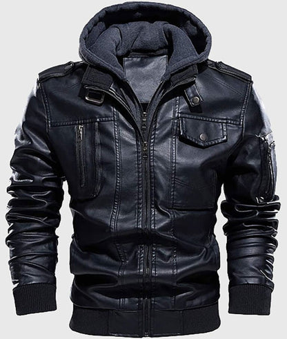 Chris Men’s Hooded Black Leather Bomber Jacket – Urban Streetwear Style