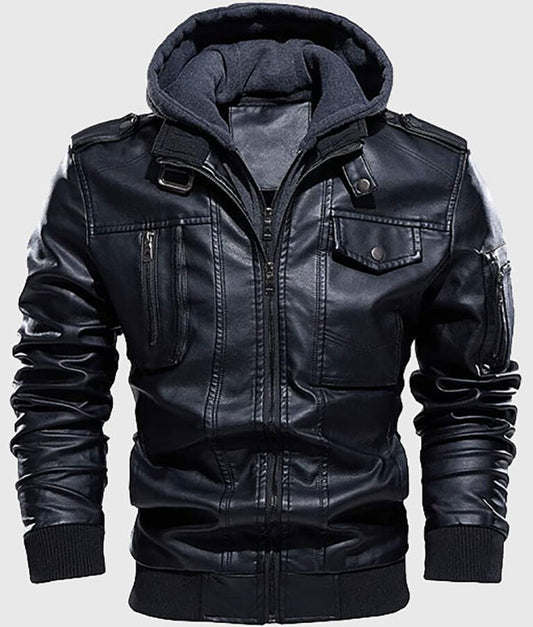 Chris Men’s Hooded Black Leather Bomber Jacket – Urban Streetwear Style