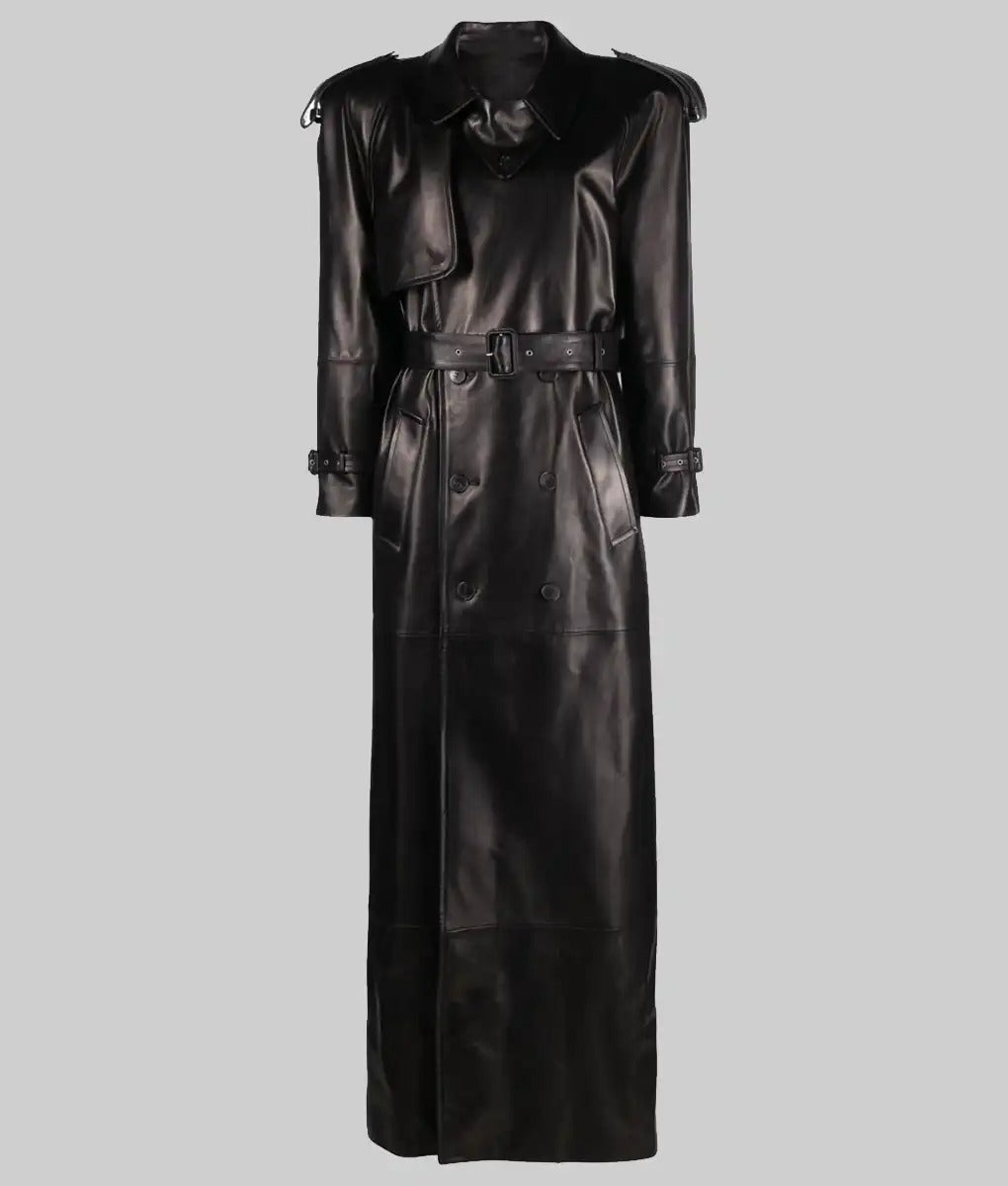 Gigi Hadid Inspired Met Gala Black Long Leather Coat for Women