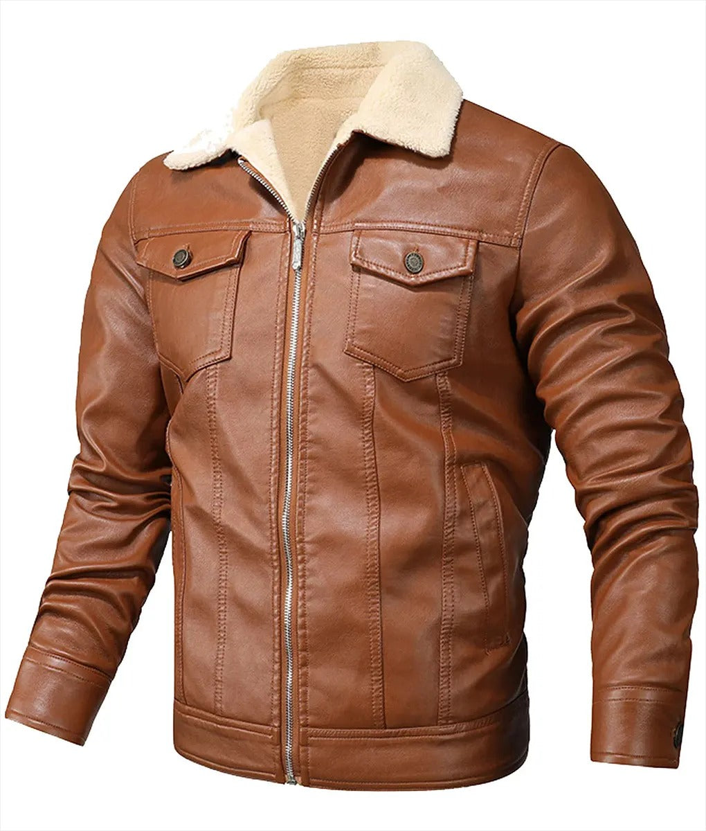 Grayson Men’s Brown Leather Shearling Trucker Jacket - Warmth and Style