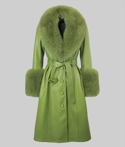 Women’s Green Leather Look Belted Coat with Faux Fur Trim