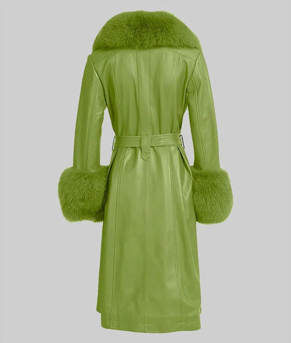 Women’s Green Leather Look Belted Coat with Faux Fur Trim