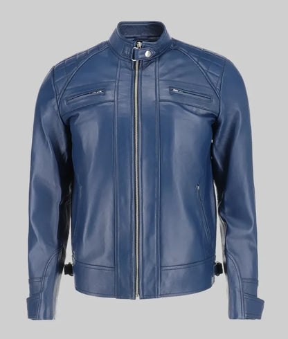 Men’s Blue Quilted Leather Cafe Racer Jacket